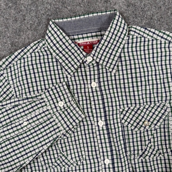 Raw Edge Shirt Small S Green Blue Checkered Button Down  Elbow Patch  Men's - Picture 1 of 7
